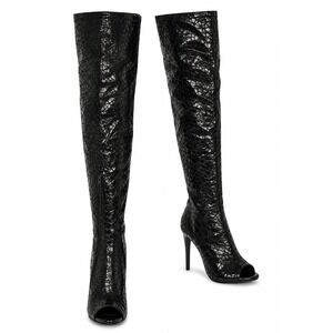 BEBE Brinley Women's Thigh High Boots Size‎ 5.5 Black Faux Crocodile Peep Toe